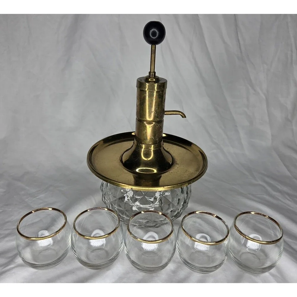 Vintage Park Sherman MCM Brass/Glass Liquor Decanter With Tray & 5 Glasses 1960s